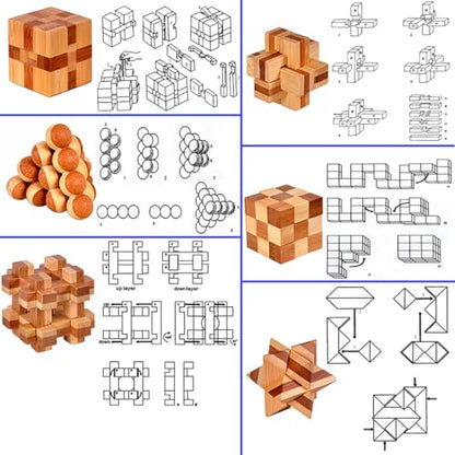 18 Pack Wooden Brain Teaser Puzzles Stress Relief Toys Wooden Burr Puzzles Brain Teaser Puzzle with Gift Packing Box Magic Puzzle Games Toy for Kids and Adults by AHYUAN (Bamboo) - style: Bamboo