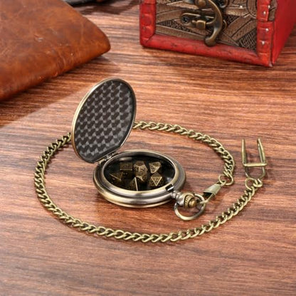 Mini DND Dice Set with Retro Five Dragon Heads Pocket Watch Shell Case, DND Starter Set, 7pcs Polyhedral Mini Metal Dice Set, D&D Gifts with Gift Box, Role Playing Board Game Accessories, Bronze - color: Bronze
