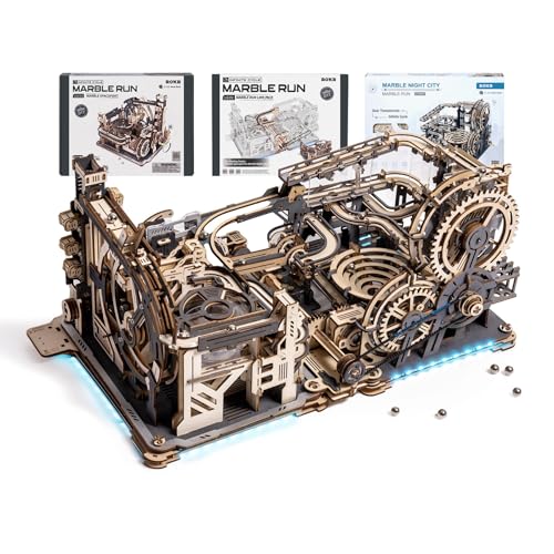 ROKR 3 in 1 Electric Wooden Marble Run, 3D Puzzles for Adults, Wood Model Building Toy Kits, Ideal Gift for Boys and Men