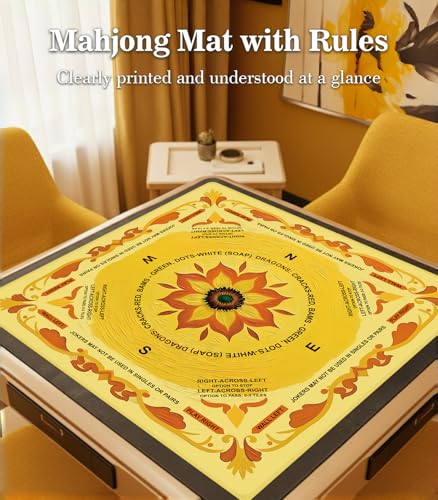 Neoprene Mahjong Mat with Rules, 33 x 33 in, Non-Slip, Yellow | Noise-reducing table mat with carrying bag and 3 dice; for poker, cards, board games, tile games and dominoes - color: 33" Yellow, size: 33"