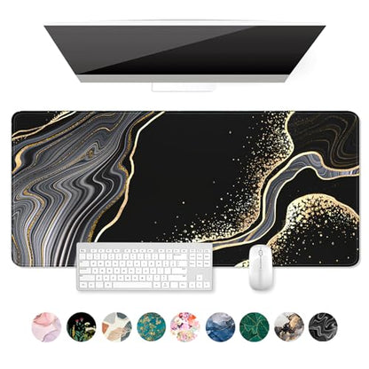 Auhoahsil Extended Mouse Pad, XXL Desk Pad Gaming Mousepad, Large Big Laptop Computer Keyboard Desk Mat with Non-Slip Base Stitched Edge for Gaming Office Men Women, 35.5 x 15.7 in, Black Marble - color: 05 Black Gold Marble, size: XXL - Extended size 35.