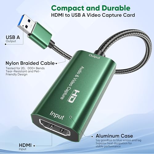 Video Capture Card, 4K HDMI to USB 3.0 Capture Card,1080P 60FPS Capture Card for Streaming, Gaming, Compatible with IPad Windows Android Mac OS Switch 2/Xbox/PS5/4/Camera/Zoom/OBS(Green)