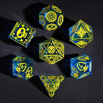 Cusdie 7-Piece Sharp Edges DND Dice Set with Pirate Design - Perfect for Tabletop RPGs Board Games Gifting and Collecting(Blue w/Yellow Pirate Pattern) - color: Blue W/Yellow Pirate Pattern