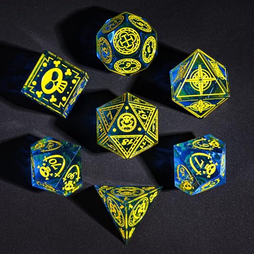 Cusdie 7-Piece Sharp Edges DND Dice Set with Pirate Design - Perfect for Tabletop RPGs Board Games Gifting and Collecting(Blue w/Yellow Pirate Pattern) - color: Blue W/Yellow Pirate Pattern
