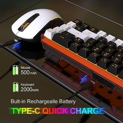 Snpurdiri 60% Wireless Gaming Keyboard and Mouse Combo,Orange Backlit Rechargeable 2000mAh Battery,Mini Mechanical Feel Anti-ghosting Keyboard + Popular RGB Mice for Gaming, Office(Black-White) - color: Black White Combo