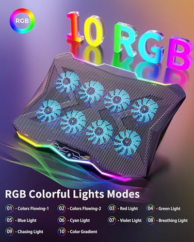 AICHESON Gaming Laptop Cooling Pad with 8 Fans, RGB Computer Stand for 15.6-17.3 Inch Notebook with 7 Height Slots, 2 USB Ports, AA3 - color: RGBLight