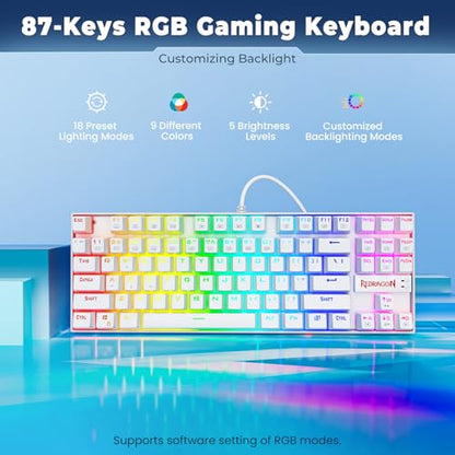 Redragon K552P Mechanical Gaming Keyboard TKL with 18 Backlight Modes, Hot-Swappable Blue Switches, 87-Key Compact Ergonomic Design, N-Key Rollover & Software Programmable Macro - RGB, White - color: White RGB