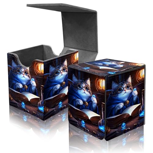 Card Deck Box for MTG Commander,Collectible Trading Storage Box Fits 120+ Single Sleeved Cards Magnetic Case PU Leather for Magic Commander TCG CCG MTG,Blue Glitter Cat - color: Blue Glitter Cat