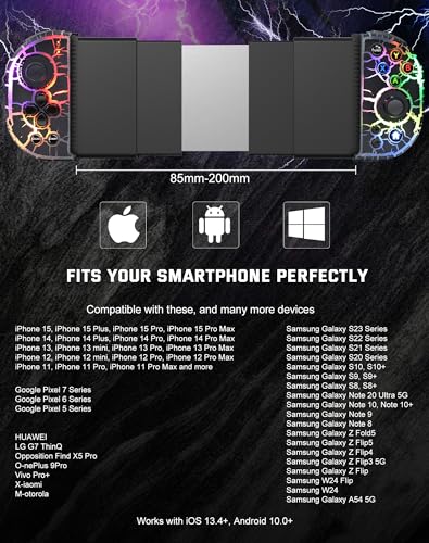Joso Phone Controller for iPhone, Android, wireless Game Joystick with Hall Effect Joystick/Turbo, RGB Controller for iPhone 16/15/14/13/12 Series, Galaxy S24/23/S22/S21 Series Play COD Mobile & More - color: Black Crack