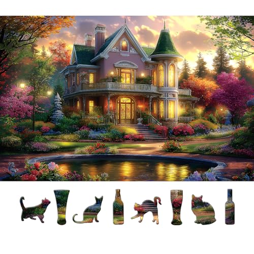 Victorian House Sunset 500 Piece Puzzle for Adults - Jigsaw Puzzles with Autumn Flowers & Scenic Landscape - Lakeside Cottage Challenging Puzzles for Adults & Seniors Gift (23"x15") - color: Victorian House-colorful