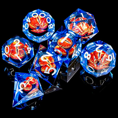ARUOHHA DND Resin Dice Gazes Eye Dice Silver Blue Liquid Core Flaming RPG Sharp Edged Dice Set with Gift Box, Polyhedral D and D Dice Set Compatible with Dungeons Dragons Role Playing Game D20 D6 - color: Sl01-blue Silver