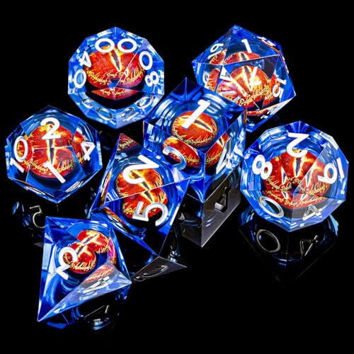 ARUOHHA DND Resin Dice Gazes Eye Dice Silver Blue Liquid Core Flaming RPG Sharp Edged Dice Set with Gift Box, Polyhedral D and D Dice Set Compatible with Dungeons Dragons Role Playing Game D20 D6 - color: Sl01-blue Silver