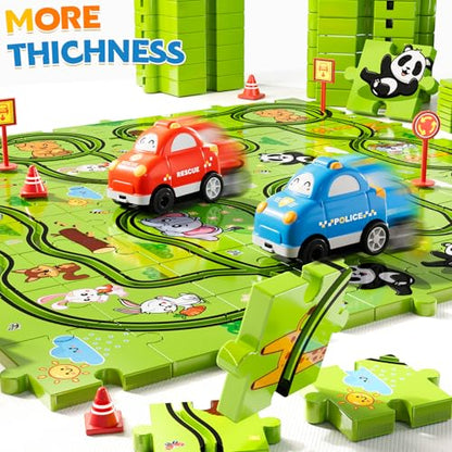 Beby Buty 48PCS Puzzle Race Track Car Set Toys for Kids Boys, Floor Puzzle Car Tracks for Boys Ages 3-5 4-6, Toddler Toys Gifts for 3 4 5 Year Old Kids, Ideal 3 4 5 6 Year Old Birthday Gifts - style: 48 PCS Animal Theme