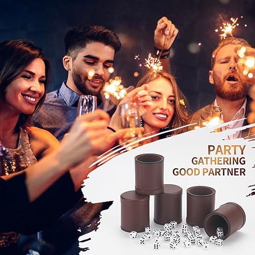 5 Pack PU Leather Dice Cups Velvet Felt-Lined Shaker Cups with 25 Dot Dice for Bar Party Yahtzee Farkle Dice Games, Brown - color: Brown