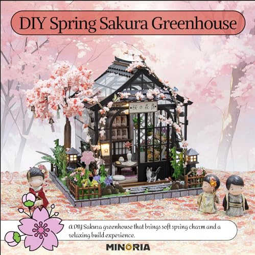 MINORIA Sakura Greenhouse DIY - Miniature House Building Kit-3D Wooden Cherry Blossom Dollhouse with Acrylic Dust Cover - LED Light