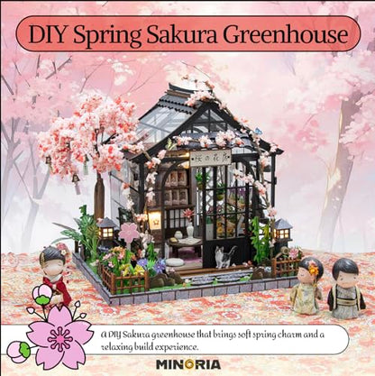 MINORIA Sakura Greenhouse DIY - Miniature House Building Kit-3D Wooden Cherry Blossom Dollhouse with Acrylic Dust Cover - LED Light