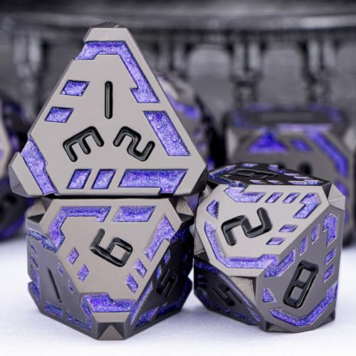 Metal DND Sci-fi Dice Set 7PCS Stripe Polyhedral Dice for Dungeons Dragons RPG Role Playing Game, Glitter D and D Dice with Gift Box D6 D8 D10 D12 D20 (Black Purple) ﻿ - color: Black - Purple