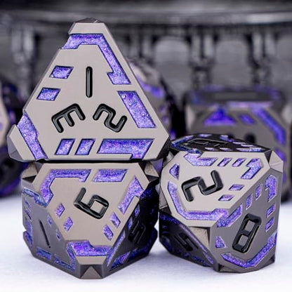 Metal DND Sci-fi Dice Set 7PCS Stripe Polyhedral Dice for Dungeons Dragons RPG Role Playing Game, Glitter D and D Dice with Gift Box D6 D8 D10 D12 D20 (Black Purple) ﻿ - color: Black - Purple