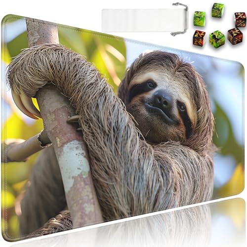 for MTG Playmat + Drawstring Travel Pouch + 6 Dice Counter, for Tabletop Trading Card Game Playmats or Mouse Pad, Anti-Slip Rubber 24 x 14 in, Cute Sloth for TCG Playmat (No with Zone) - color: JV-Playmat-6-1-E132