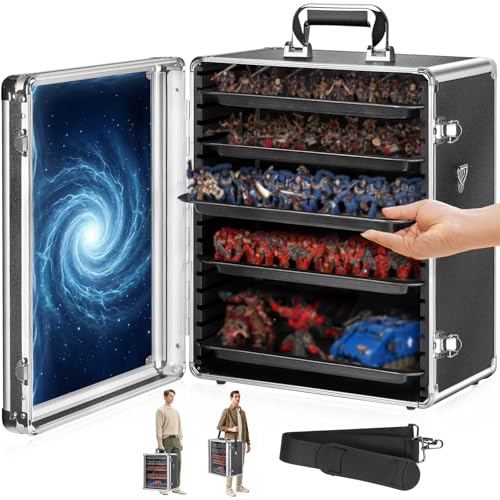 Miniature Carrying Case with 5 Metal Trays (Silver, Large Size) | Miniatures Storage & Transport Case - Aluminum Alloy Frame & Shoulder Strap for Display Figure Collectibles, 13.8”x10”x16.5” - color: Sanctum Silver