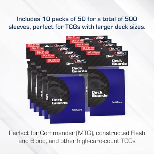 BCW Deck Guard - Double Matte Card Sleeves | 500 Count Box (10 Packs of 50 Sleeves) |Acid-Free, No PVC | Fits 2.5" x 3.5" Game Cards | Archival Safe Sleeves for Card Protection (Blue) - color: Blue