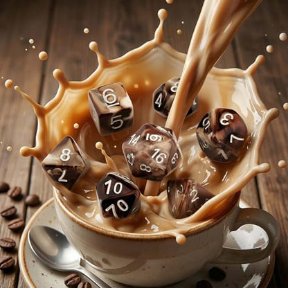 Haxtec Coffee DND Dice Set 7PCS Polyhedral D&D Dice for Roleplaying Games, D20 with Espresso Cup Icon, Latte Resin Dice with Velvet Pouch for Dungeons and Dragons, Great Gift for DND Lovers & Gamers - color: Coffee