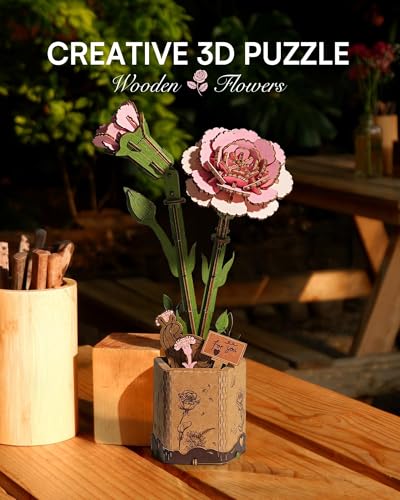 3D Flower Wooden Puzzles for Adults-Pink Carnation, DIY Wooden Flowers Model Kit Building Set Crafts Birthday Gifts, Artificial Botanical Collection Creative Gift Ideas/Housewarming (124PCS) - style: TW - Pink Carnation