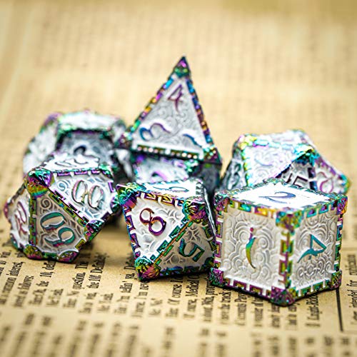 Cusdie 7 Pcs Metal DND Dice with Metal Box, Dagger Design Polyhedral Dice Set, for Role Playing Game D&D Dice (Colorful White) - color: Colorful White