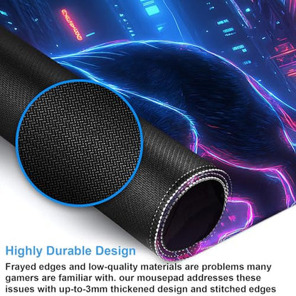 Desk Pad, Neon Cat Prowling Cyberpunk Cityscape XL Gaming Mouse Pad with Stitched Edges,Non-Slip Waterproof Rubber Base Large Desk Mat for Keyboard and Mouse 31.5"x11.8" - color: Colour7, size: 31.5" x 11.8"