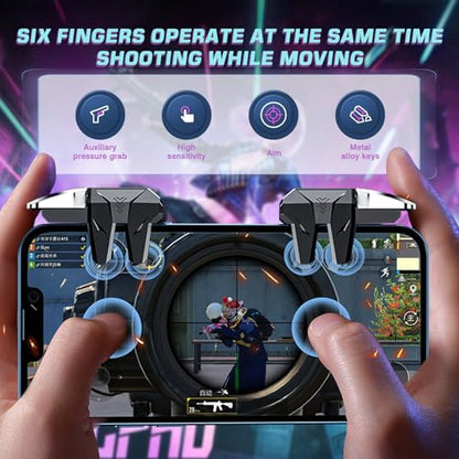 EasEasy PUBG Game Controller Trigger, Mobile Phone Controller Compatible for PUBG/Rules of Survival/Knives Out, 6 Fingers Trigger with Sensitive Aim and Shoot Smartphone Gamepad for iPhone & Android - color: Black