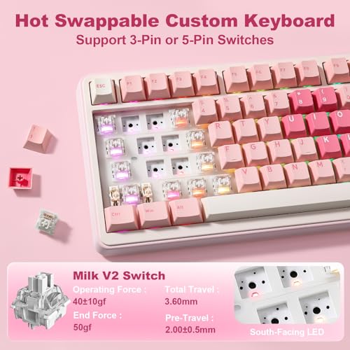 YUNZII B75 PRO MAX QMK/VIA Wireless Mechanical Keyboard | 75% Layout with Screen and Knob, Custom Hot Swap, Gasket, Creamy Switches, for Win/Mac (Pink Heart,Milk V2 Switch) - color: Pink Heart, size: Milk V2 Switch