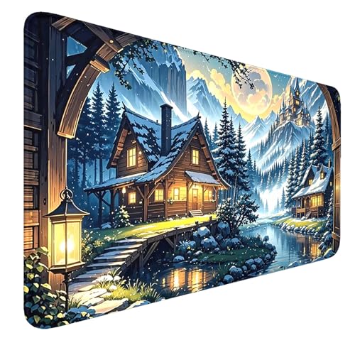 MTG Playmat- Stitched Edges Forest TCG Playmat-Non-Slip Landscape Play Mat Smooth Surface Rubber Base Board Game Mousepad 24x14 inches for Trading Card Game Playing with Storage Bags - color: Snow House