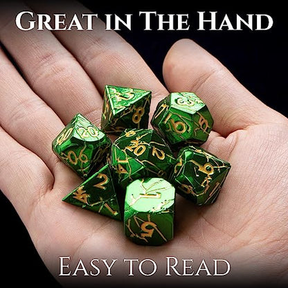 Metal Dice for DND - Ancient Cracked Lightning - Green Gold Cracks | Beautiful 7pc Polyhedral Dice Set, Smooth Rolling, Role Playing Games (RPG), Compatible with D&D, for Dungeons and Dragons - color: Green Gold Lightning