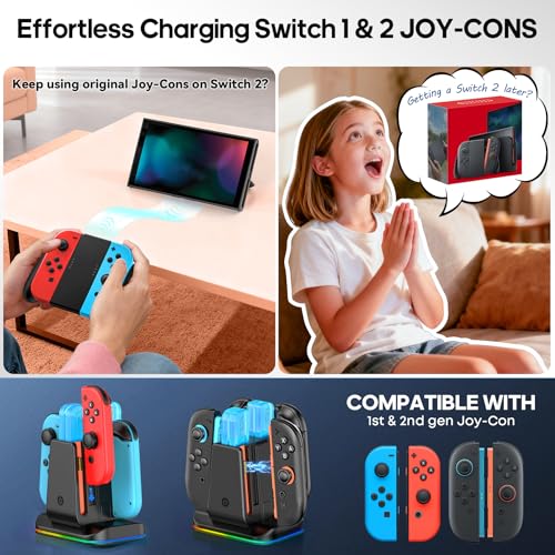 Switch 1/2 Controller Charger for Nintendo Switch 1/ OLED Joycon, Charging Docking Station, Storage Stand with Charge Cable，2-in-1 Charger Dock for Joy con 2/1 Accessories - size: L-Black-Switch 2/1