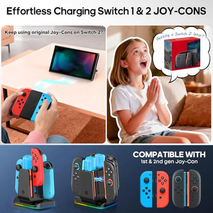 Switch 1/2 Controller Charger for Nintendo Switch 1/ OLED Joycon, Charging Docking Station, Storage Stand with Charge Cable，2-in-1 Charger Dock for Joy con 2/1 Accessories - size: L-Black-Switch 2/1