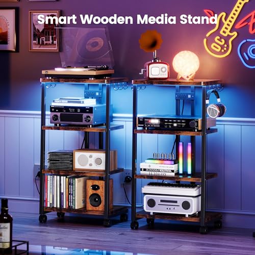 Homeiju AV Media Stand with Charging Station & APP-Controlled RGB Lights | Wooden Entertainment Center, Gaming & TV Stand, Storage for PS5/Xbox/Stereo & DVD Organizer