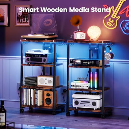 Homeiju AV Media Stand with Charging Station & APP-Controlled RGB Lights | Wooden Entertainment Center, Gaming & TV Stand, Storage for PS5/Xbox/Stereo & DVD Organizer