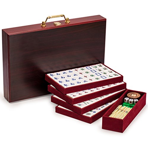 Yellow Mountain Imports Classic Chinese Mahjong Game Set, Emerald with 148 Medium-Size Translucent Green Tiles and Wooden Case - color: ['Emerald']