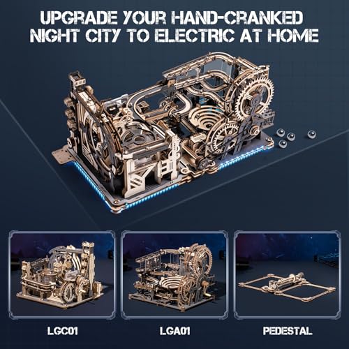 ROKR 3 in 1 Electric Wooden Marble Run, 3D Puzzles for Adults, Wood Model Building Toy Kits, Ideal Gift for Boys and Men