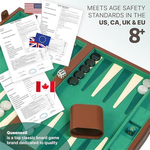 Backgammon Sets for Adults 15 Inch – Premium Faux Suede Leather Backgammon Board Game Set with 32 Chips, Dice Cups & Doubling Cube – Portable Travel Backgammon Set