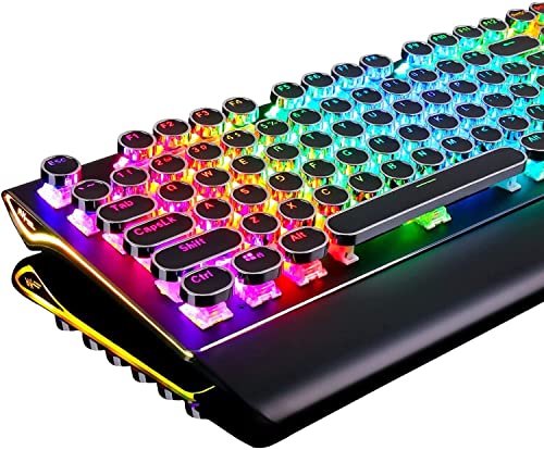 RK ROYAL KLUDGE S108 Typewriter Style Mechanical Gaming Keyboard with RGB Backlit, Wired PC Game Keyboard Full Size with Detachable Wrist Rest and Number Pad, Retro Round Keycaps, Red Switches Black - color: black, size: red switch