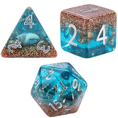 Gate Keeper Games and Dice: Inclusion Dice: Biome - Deep Sea - 7pc Set, Aquatic Blue, Sand & Conch Shell Inclusion, 7 Resin Dice for Role Playing Games