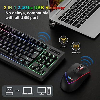 BlueFinger Wireless Keyboard and Mouse Combo, Long Lasting Rechargeable Battery 87 Keys RGB Rainbow Backlit Gaming Keyboard & Ergonomic Light Up Gaming Mouse for Mac Laptop Computer PC Gamer - color: Black