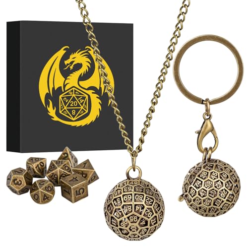 Mini DND Dice Set with Spherical 100-Sides Metal Cage Portable Keychain Necklace, Tiny 7pcs Polyhedral D&D Dice Set, DND Gifts with Gift Box, D&D Accessories for RPG, Bronze