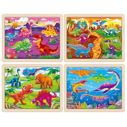SYNARRY Large Dinosaur Wooden Puzzles for Kids Ages 4-6, 4-in-1 Gift Set | Dinosaur Puzzles for Toddlers & Kids Ages 3-5, Birthday Gifts for Boys & Girls, Educational Dinosaur Toys, Screen-Free Play - style: Dinosaur