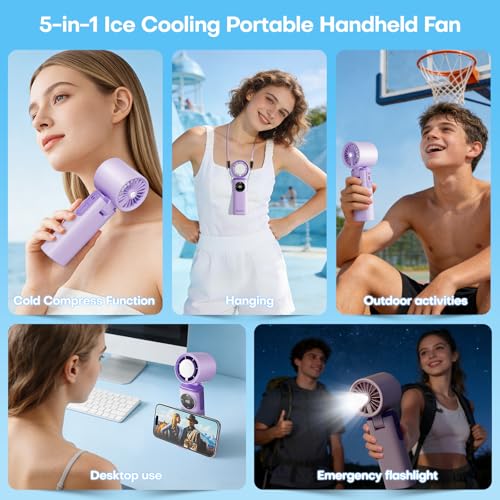 6000mAh Portable Handheld Fan with Ice Cooling, 199 Levels Stepless Speed, 20H Long Battery Life, 20000RPM Turbo Fan Rechargeable Personal Mini Fan for Travel, Outdoor, Makeup (Purple) - color: Purple