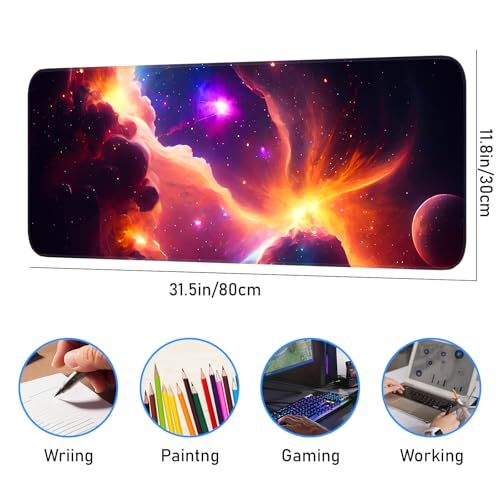 Gaming Mouse Pad, Galaxy Starry Sky Non-Slip Rubber Base with Seam Edge Mouse Pad, Extra Large 31.5x11.8 Inch, Suitable for Home, Office, Gaming - color: Colorful galaxy