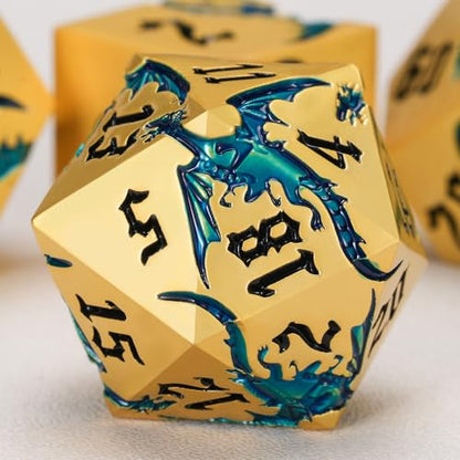 Dungeons and Dragons Dice D&D Metallic Dragon Sharp Edged Dice Set with Box, Polyhedral DND Role Playing Game D and D Dice Set D20 D12 D10 D8 D6 D4 Pearl Gold Blue - color: Dragon-pearl Gold Blue