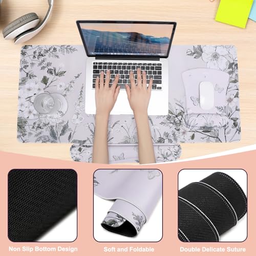 MEGREZ 4-in-1 Mouse Pad with Wrist Rest Ergonomic Memory Foam Desk Mat Set | ergonomic, anti-slip base, 4pcs set, desk pad, mouse wrist rest, keyboard rest, coaster, ideal for office & gaming - color: Green Flower