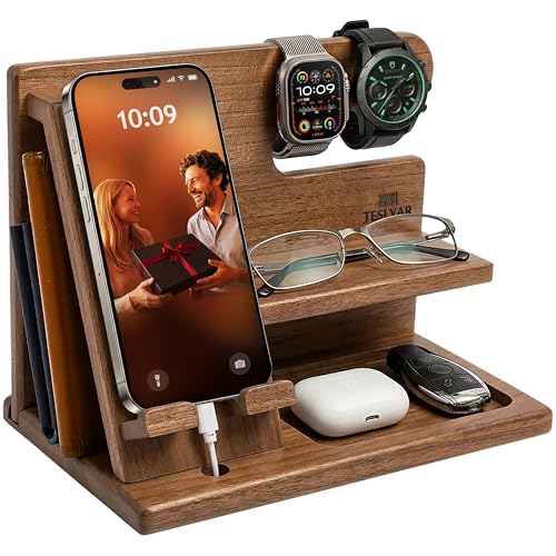 TESLYAR Wood Phone Docking Station for Men - Desktop or Nightstand Organizer - Birthday Gifts for Men, Dad - Anniversary Idea from Wife - Key Holder, Stand Wallet, Watch & Essentials (Earth Beige) - color: Earth Beige